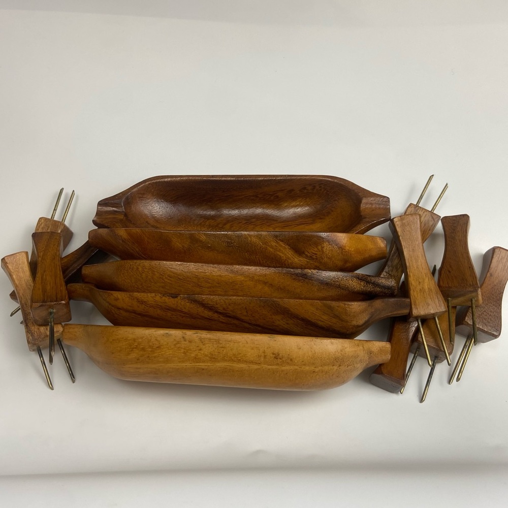 Vintage MCM Corn Holders and Boats Monkey Pod Set of 5 Wood - Picture 2 of 10